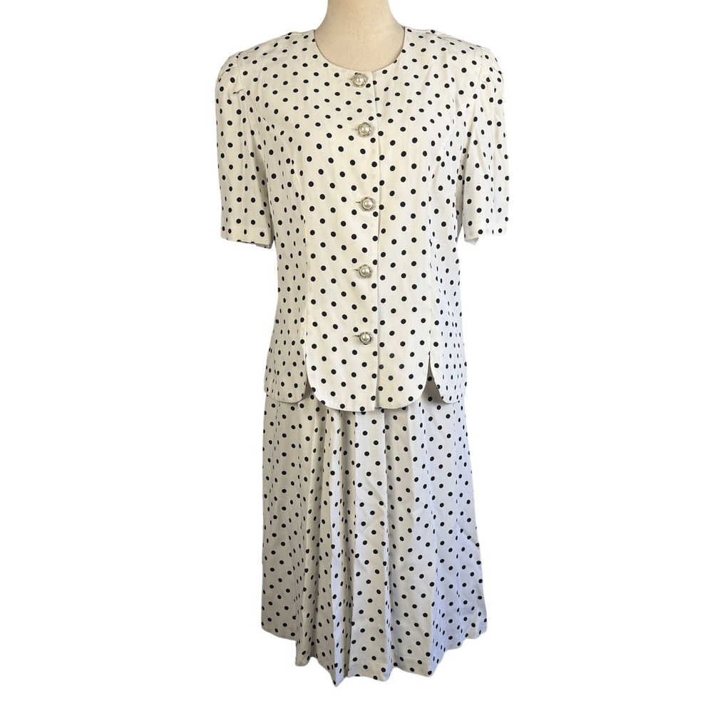Good Times Vintage Polka Dot Skirt Set White‎ Black Pearl Button Made in USA 12